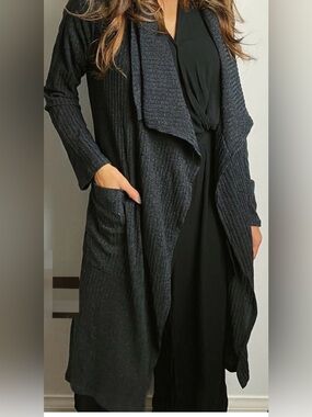 Open-Front Long Ribbed Cardigan Sweater - Black